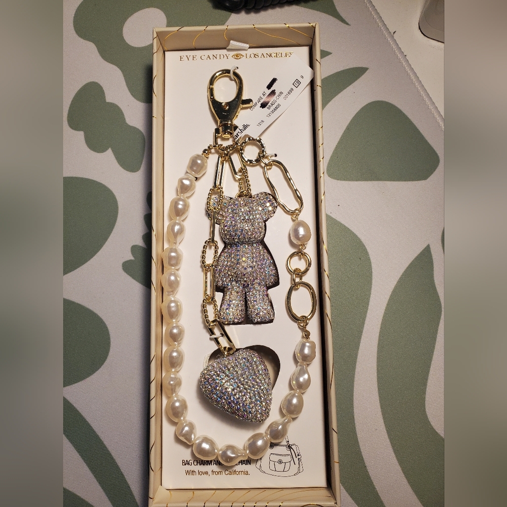 Eye Candy Los Angeles Rhinestone Teddy Bear w/Heart Bag Charm & Keychain NWT
